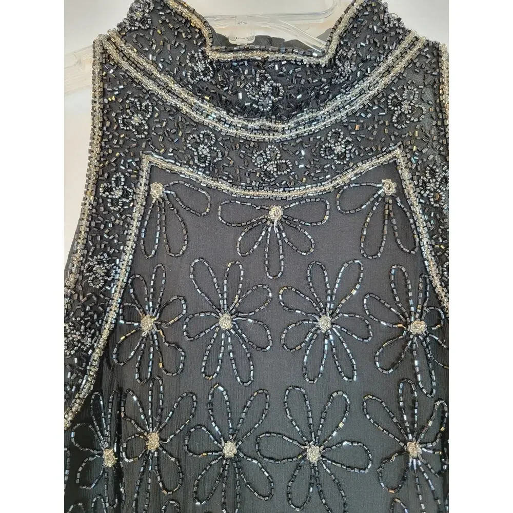 Adrianna Papell Womens Flower Silk Beaded Top Size Large Black Evening Formal - Picture 2 of 10